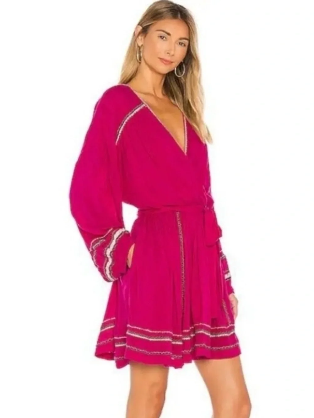 Free People Mini Dress in Fuchsia with Embroidered Trim